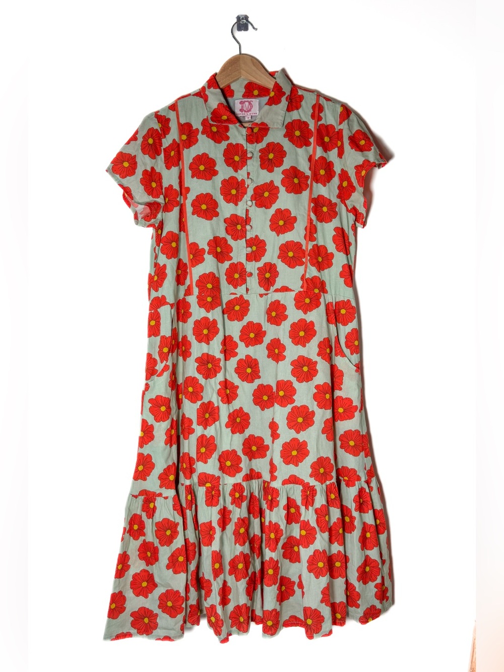Victoria Dunn - Red Floral Poppy Button-Front 100% Cotton Midi Dress